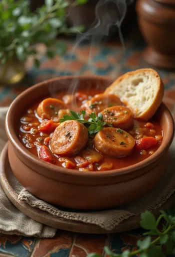 ليتشو بالسجق مقدم مع فلفل طازج وطماطم وسجق مدخن