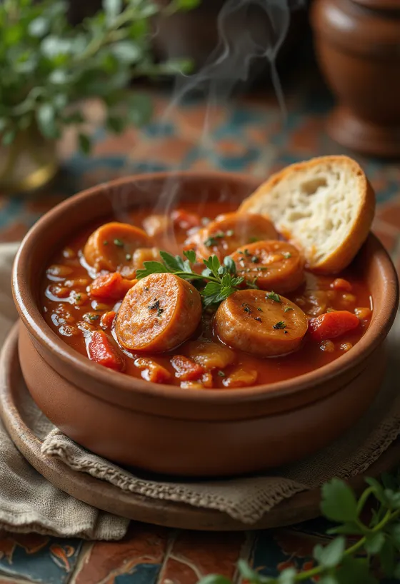 ليتشو بالسجق مقدم مع فلفل طازج وطماطم وسجق مدخن