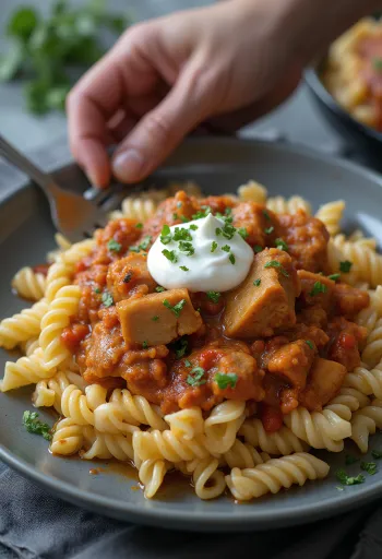 يخنة اللحم البقري مع المعكرونة والكريمة الحامضة