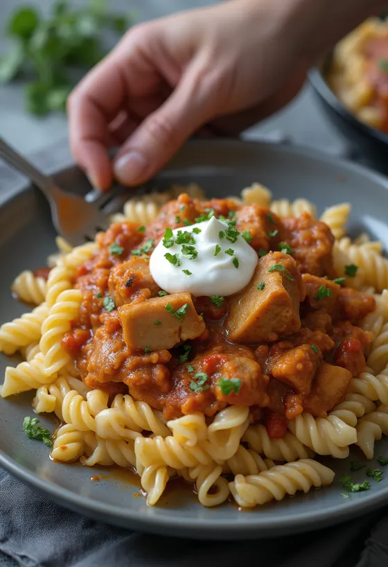 يخنة اللحم البقري مع المعكرونة والكريمة الحامضة