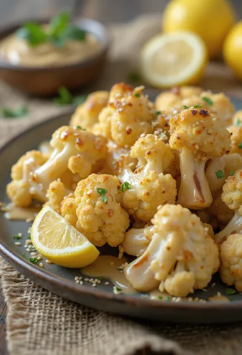 سلطة القرنبيط المشوي مع صلصة الطحينة، تقدم مع البقدونس الطازج والسمسم المحمص.