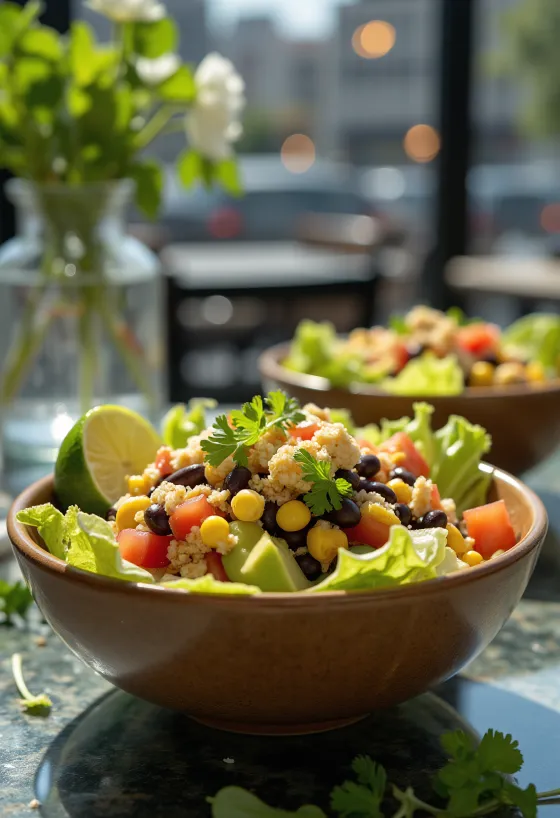 سلطة تاكو نباتية ملونة مع رقائق التورتيلا والخضروات