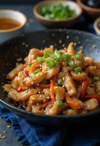 ستير فراي الدجاج يقدم مع الأرز والخضروات.