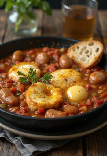 نقانق بصلصة الليتشو والبيض، مقدمة مع خبز طازج