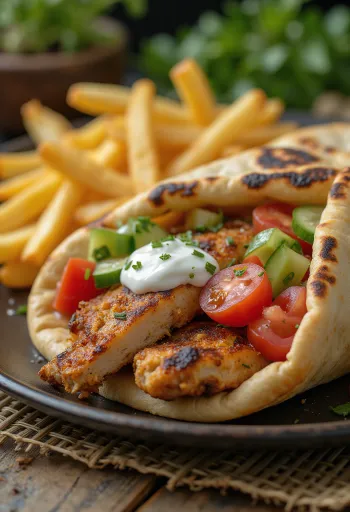 شاورما مقدمة مع خبز بيتا وخضروات طازجة