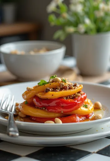 سلطة الفلفل المشوي مع صلصة الخل البلسمي والصنوبر المحمص.