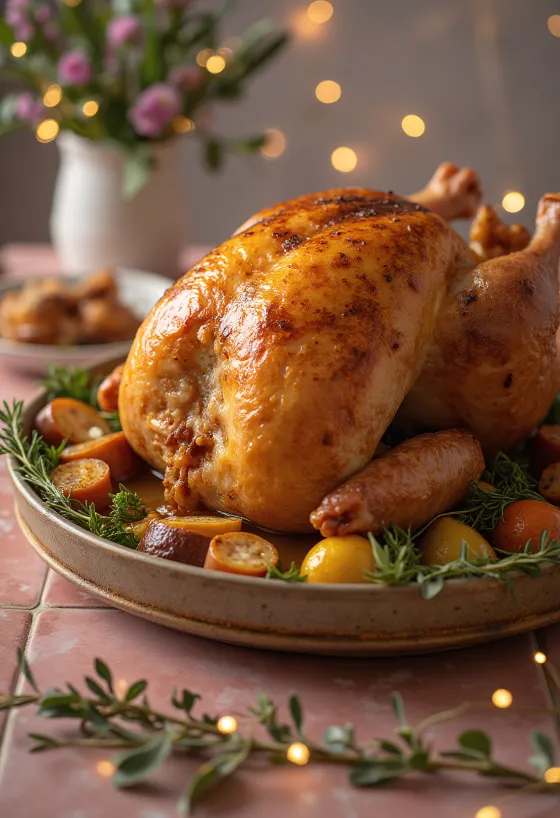 ديك رومي محشو مشوي في الفرن، بجلد مقرمش وحشوة غنية.