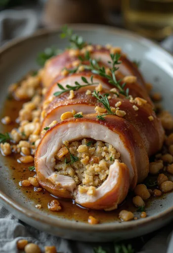 خاصرة عجل محشية غنية بالعصارة، مخبوزة في الفرن ومحشوة بأعشاب طازجة وجبن ذائب.