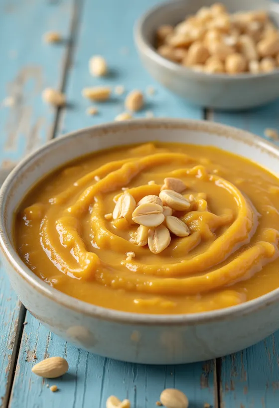 صلصة الفول السوداني بالكاري مقدمة في وعاء مع الكزبرة الطازجة.