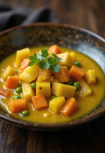 صلصة الخضار بالكاري في وعاء، مزينة بالكزبرة الطازجة.