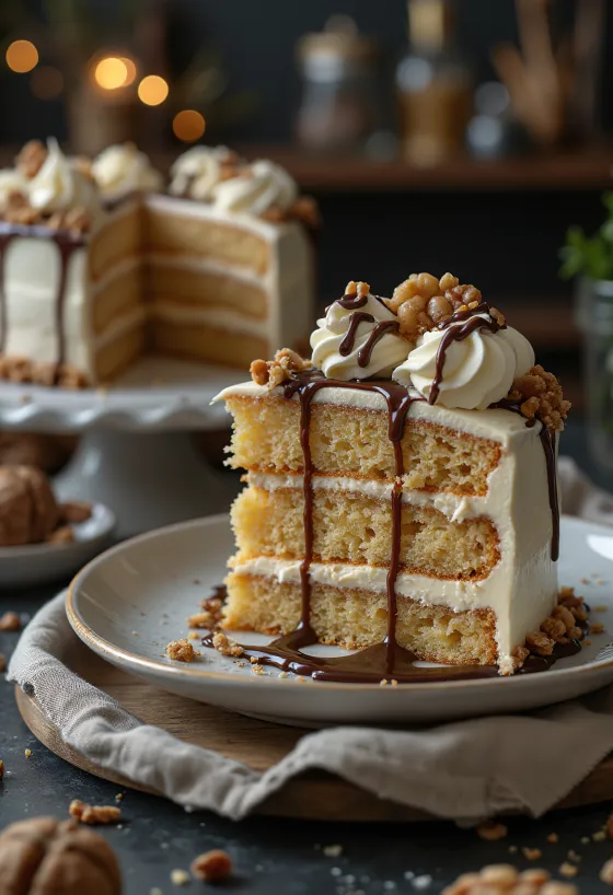 كيكة الكستناء بكريمة الجوز جاهزة للتقديم