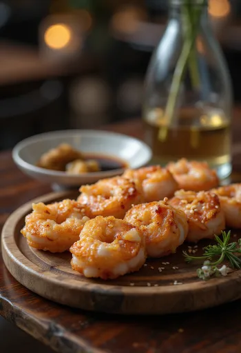 ساتسوما-أغي بالروبيان، مقدم مع صلصة صويا طازجة وسمسم