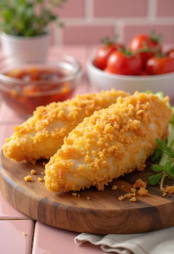 صدور دجاج بانيه مقلية ذهبية اللون مقدمة مع سلطة طازجة.