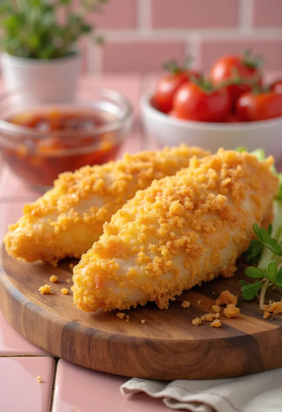 صدور دجاج بانيه مقلية ذهبية اللون مقدمة مع سلطة طازجة.