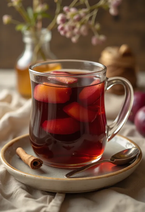 شاي البرقوق الساخن في كوب التقديم