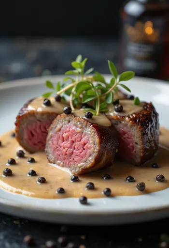 فيليه النعامة مع صلصة الفلفل مقدم مع الخضروات.