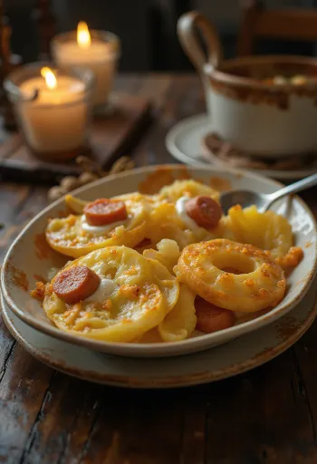 طبقات بطاطس مع سجق وبيض، وكريمة حامضة على الوجه.