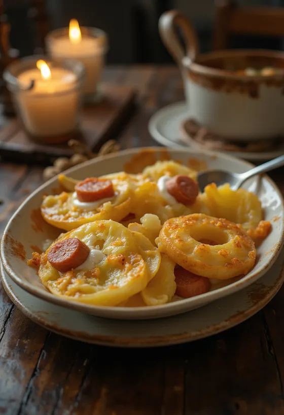 طبقات بطاطس مع سجق وبيض، وكريمة حامضة على الوجه.