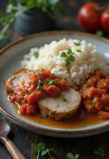 لحم بقر مع الليتشو والأرز المطهو على البخار جاهز للتقديم