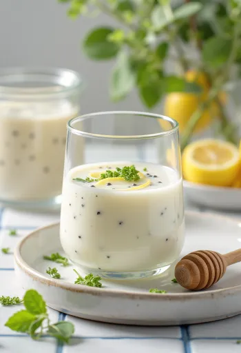 أكواب كيفير البروبيوتيك ببلسم الليمون، مشروب ذو مظهر منعش ولون فاتح