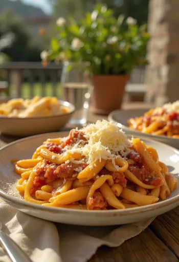 معكرونة بالباذنجان مع صلصة طماطم غنية وريحان طازج