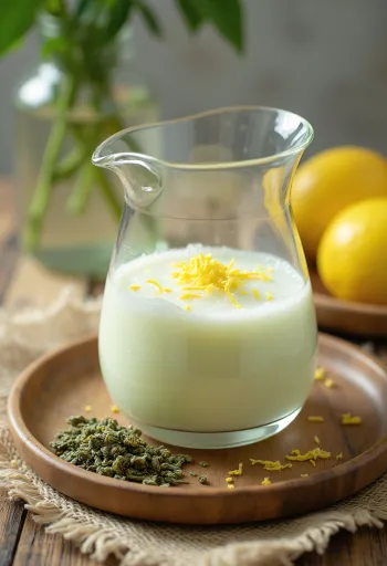 كيفير الشاي الأخضر والليمون مقدم في أكواب، مشروب فاتح اللون، مرشوش بقشر الليمون المبشور