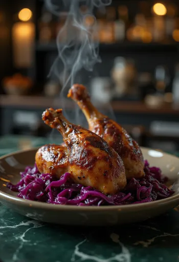 بط مشوي مع ملفوف أحمر مطهو مقدم في طبق