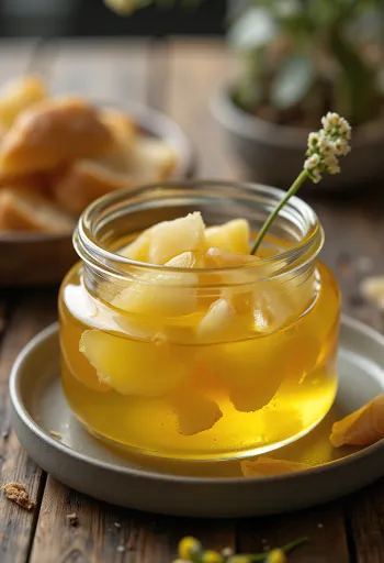 برطمان زجاجي يحتوي على سمن (غي) ذهبي سائل مع شرائح ثوم