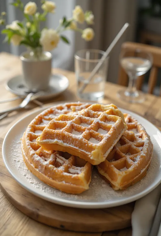 وافل بلجيكي كلاسيكي بالسكر البودرة مقدم في طبق