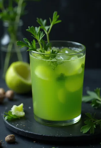 عصير الكرفس في كوب طويل، مزين بأعواد الكرفس والفواكه