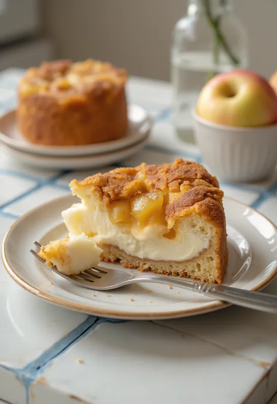 كعكة جبن القريش بالتفاح والقرفة مزينة بالتفاح والقرفة