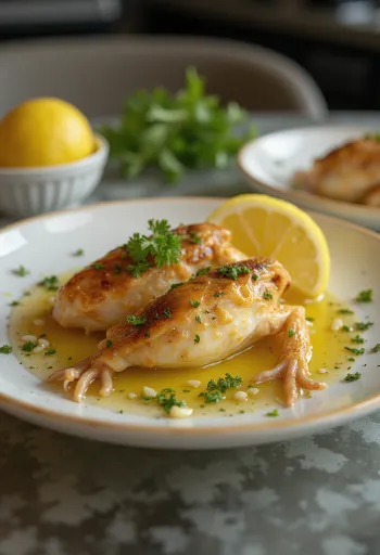 أجنحة الدجاج بصلصة الزبدة والثوم مقدمة مع البقدونس الطازج والليمون.