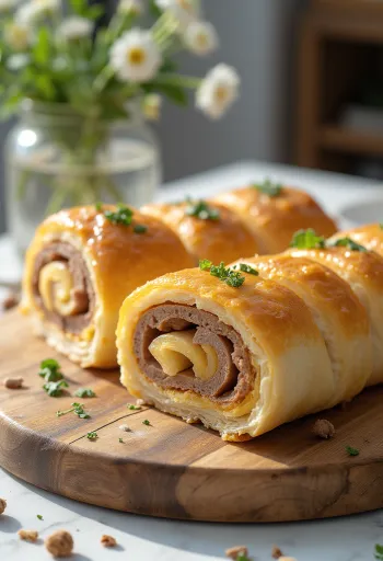 رولات لحم مخبوزة بلون ذهبي، مقدمة مع خضروات طازجة وصلصة.