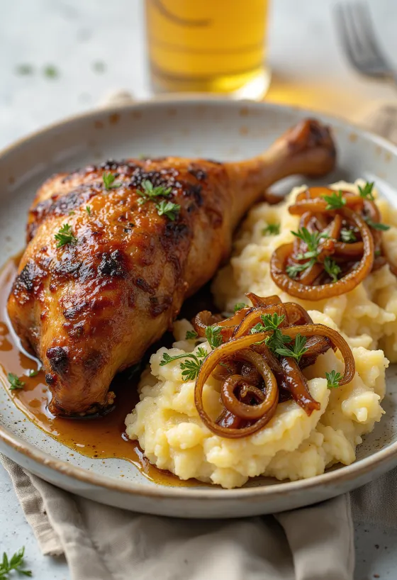 بط مشوي مع هريس البطاطس بالبصل