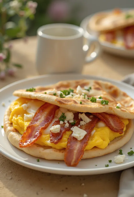 بيتا البيض والبيكون البقري مع جبن الفيتا والخضروات الطازجة