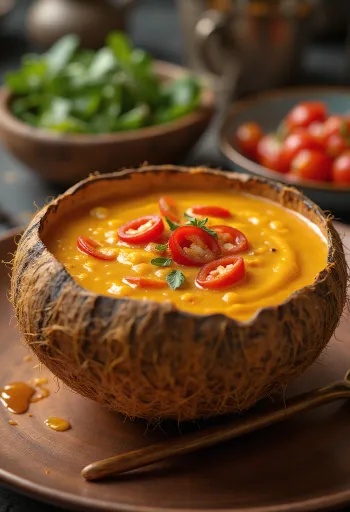 صلصة حليب جوز الهند بالفلفل الحار في وعاء، مع الكزبرة الطازجة وشرائح الفلفل.