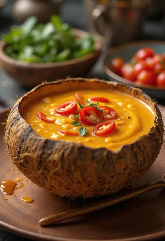 صلصة حليب جوز الهند بالفلفل الحار في وعاء، مع الكزبرة الطازجة وشرائح الفلفل.