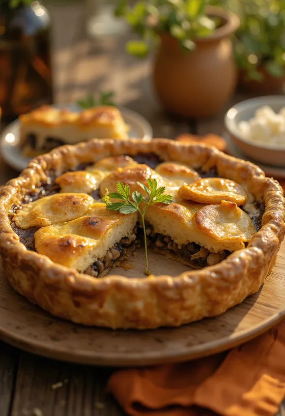 فطيرة الفطر النباتية الكريمية مقطعة لشرائح