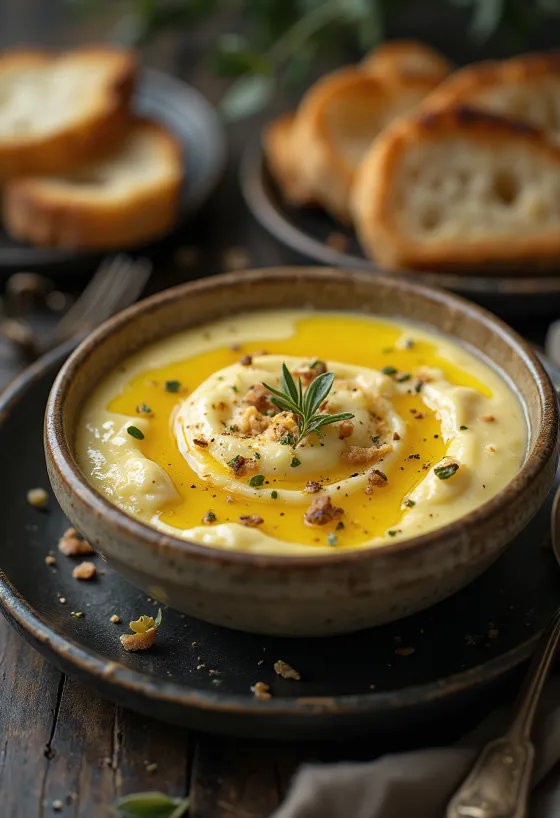 كريمة باذنجان بقوام ناعم وكريمي، مقدمة مع أعشاب طازجة وزيت زيتون