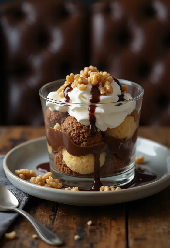 شوملوي غالوسكا مع كعكة إسفنجية طرية، وطبقات كريم الفانيليا وصلصة الشوكولاتة
