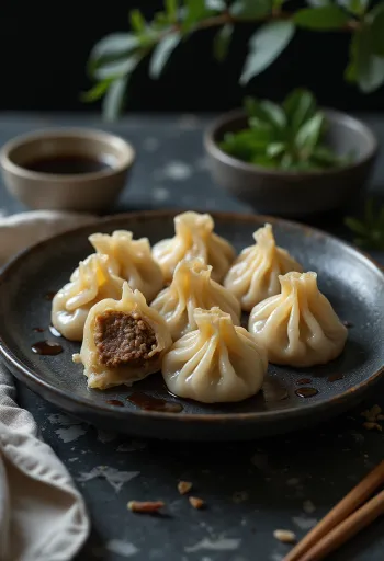 جياوزي صيني باللحم البقري مسلوق، مقدم في طبق بورسلين، مقطوع لإظهار الحشوة