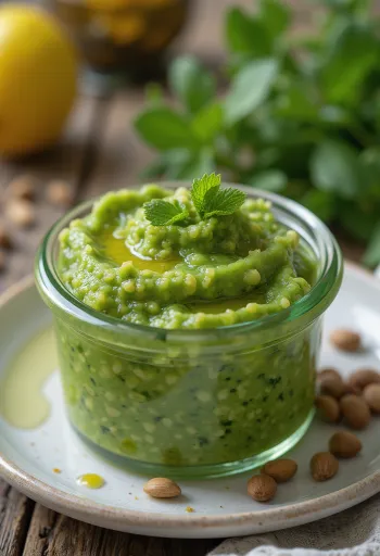 بيستو كراث بقوام كريمي في وعاء فاتح، مع بذور محمصة وزيت زيتون