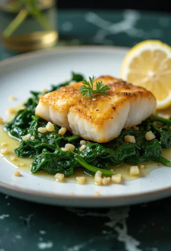 سمك مقلي مع سبانخ بالثوم جاهز للتقديم