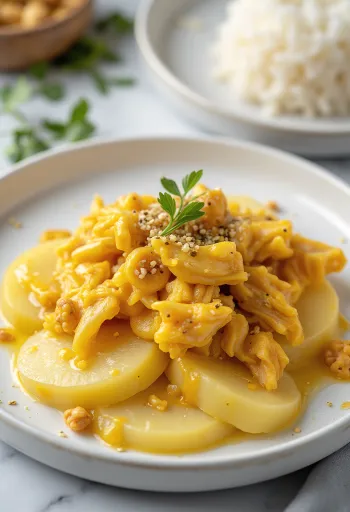 أخي دي جالينا بدون بيض، دجاج بصلصة صفراء كريمية، يقدم مع الأرز والبطاطس