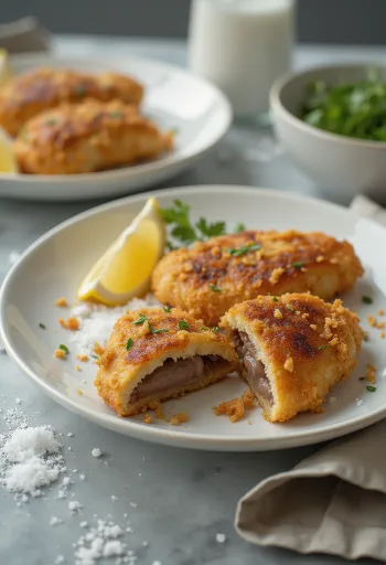 كبدة مقلية مقرمشة ذهبية اللون، مقدمة مع سلطة طازجة.