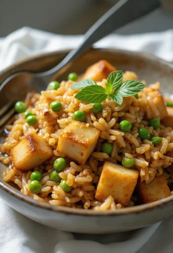 تيمبي في الأرز المقلي، يقدم مع خضروات غنية وصلصة صويا