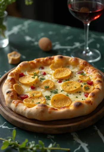 بيتزا الأجبان الأربعة مع رقائق البارميزان مقدمة للتقديم