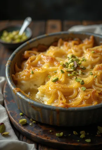 غالاكتوبوريكو بعجينة الكنافة، بحشوة كريمية غنية ومزينة بالفستق.