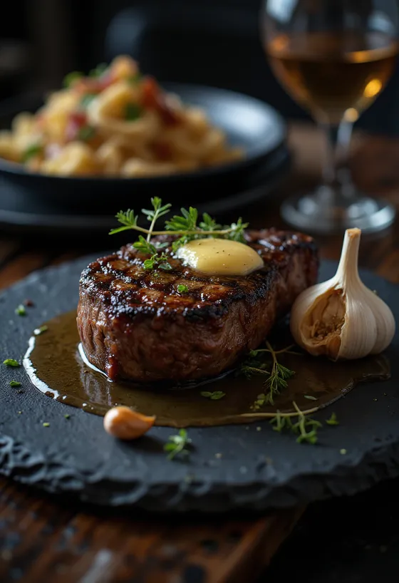 ريب آي ستيك مشوي بلون ذهبي، يقدم مع أعشاب طازجة وزبدة