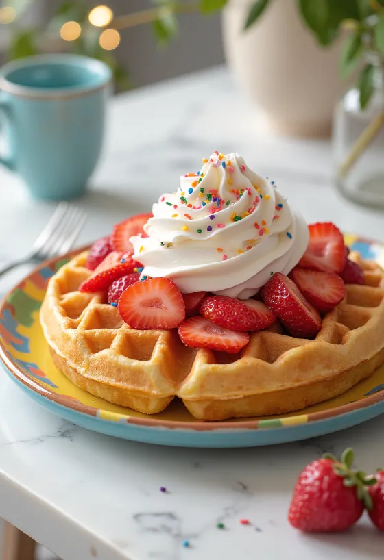 وافل عيد ميلاد ملون مع الكريمة المخفوقة والفراولة